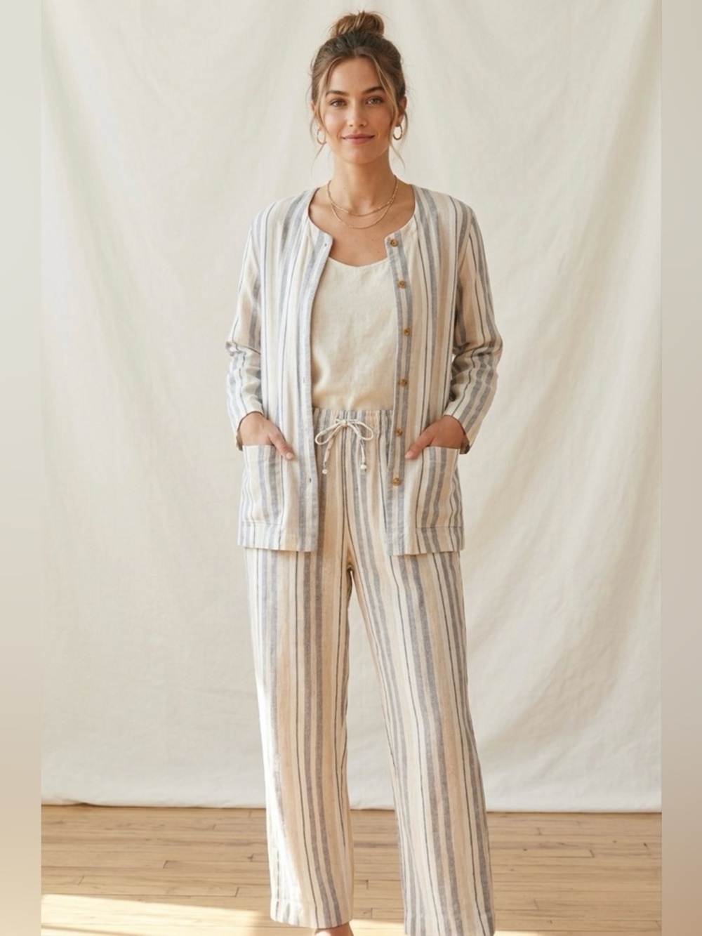Alfred Dunner Cream and Light Blue Striped Button-Front Jacket, Two Piece